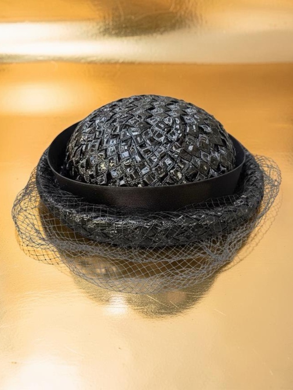 Gene Doris New York Hat – Vintage Black Fascinator straw Hat with net veil